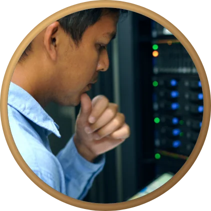 Network engineer checking equipment in a server rack